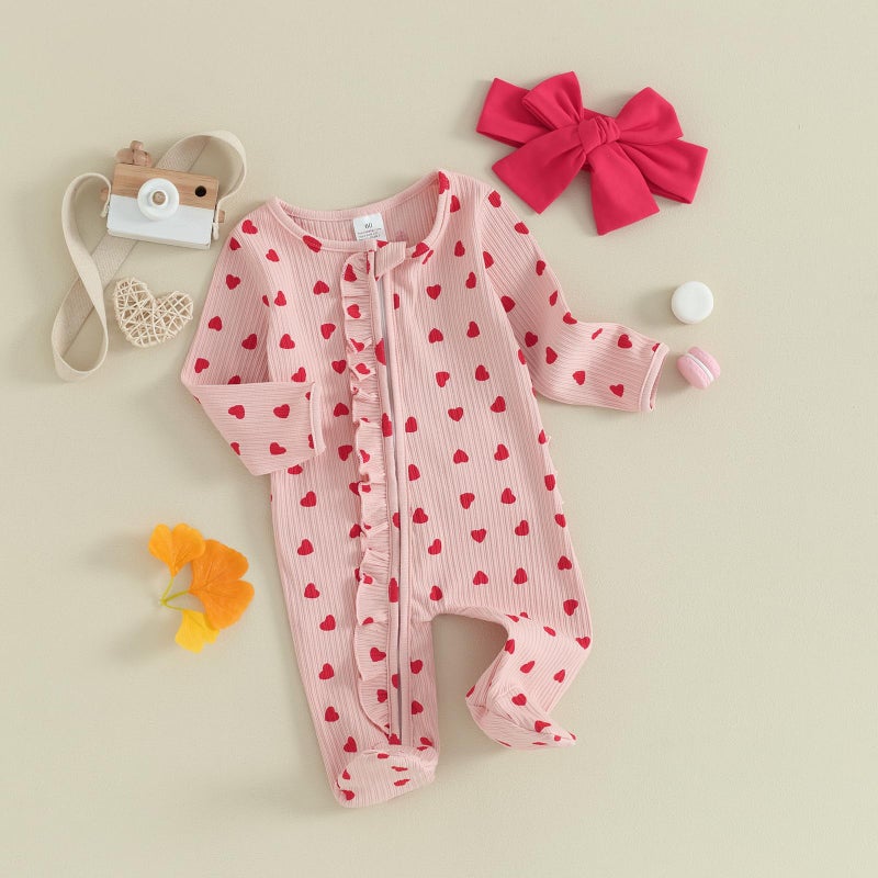 YINGISFITM Baby Girl Valentines Day Outfit Love Ruffle Waffle Footie Romper Jumpsuit My First Valentines Day Onesie Clothes (Pink ruffle onesie, Newborn) - Image 3