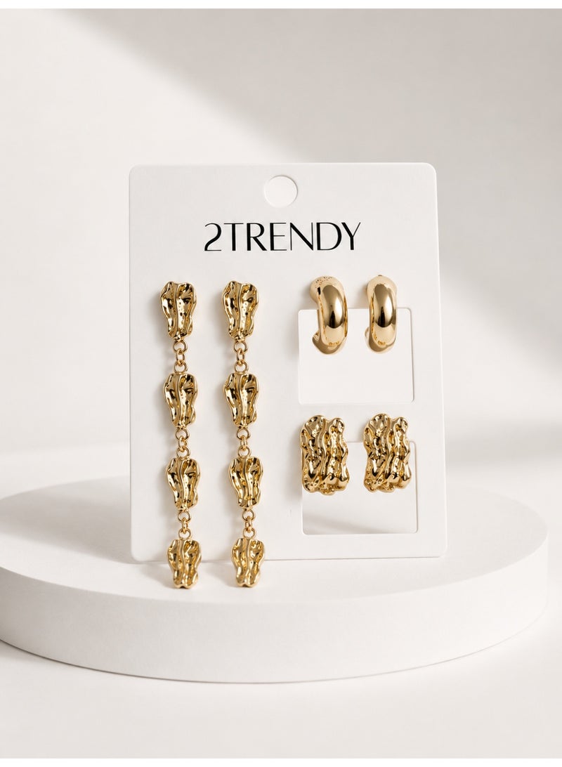 3-Pair Gold-Tone Earrings Set with Hoop, Stud & Drop Designs for Women