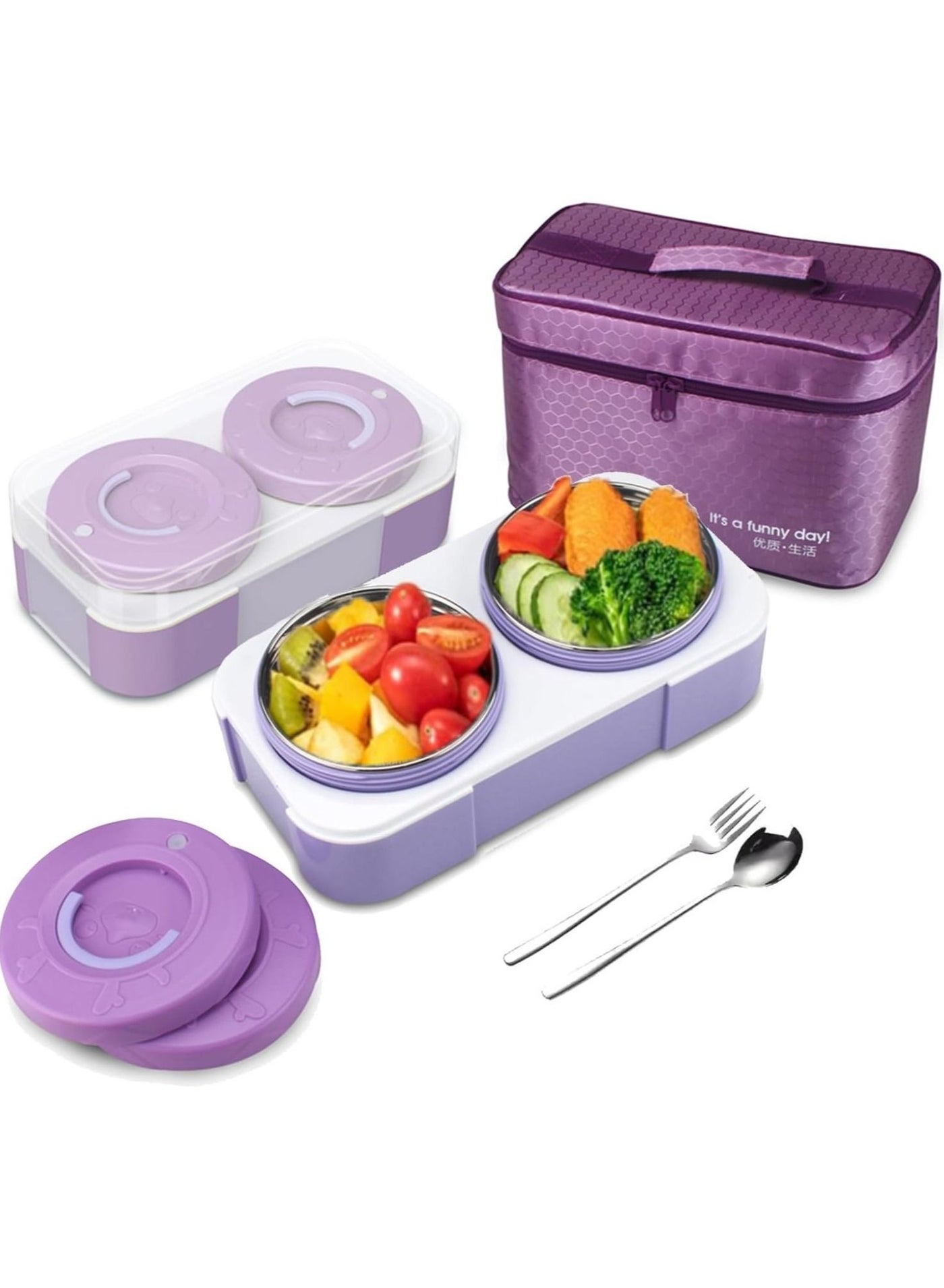 Stainless Steel Lunch Box for Kids Adults Insulated Bento Lunch Box with Tableware Bag 1600ML 4 Compartment Divided Lunch Containers with Lids Leakproof (Purple)