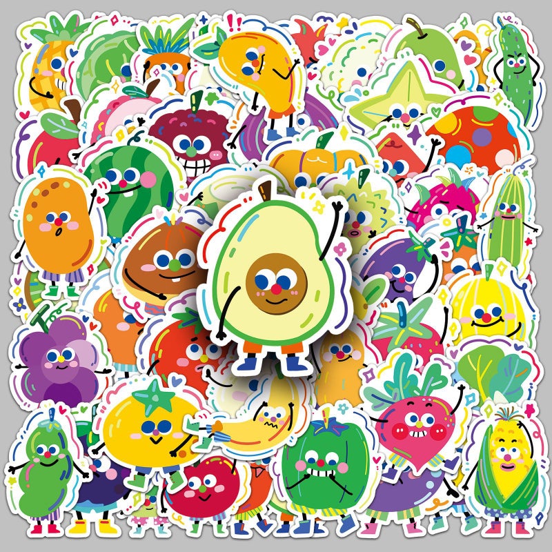 50 Pcs Fruit & Vegetable Doodle Stickers, Original Cartoon, Waterproof - Image 1