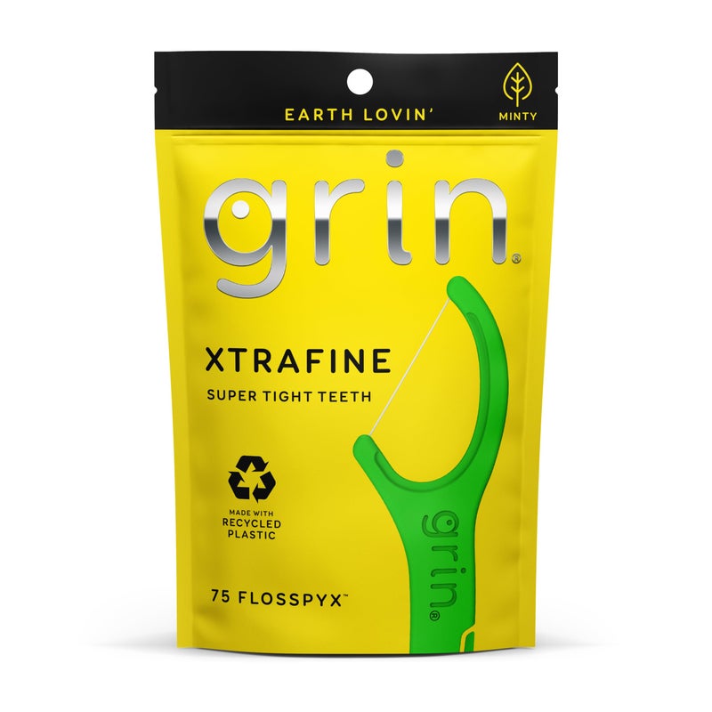 GRIN XtraFine Flosspyx, Floss Picks, 75 Count, Dental Flossers, Minty Flavor, Recycled Plastic, for Super Tight Teeth, Longer Floss Head, Slide Between Teeth, Includes Safe Soft Fold-Back Tooth Pick - Image 1