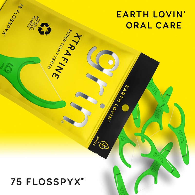 GRIN XtraFine Flosspyx, Floss Picks, 75 Count, Dental Flossers, Minty Flavor, Recycled Plastic, for Super Tight Teeth, Longer Floss Head, Slide Between Teeth, Includes Safe Soft Fold-Back Tooth Pick - Image 2