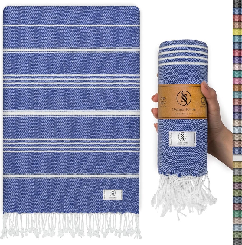 Ossano Turkish Beach Towel Compact & Luxury Extra Large (39" x 71") - Quick Dry, Versatile and Functional as Yoga Mat, Airplane and Travel Blanket, Bath and Body Towels - Sax Blue - Image 1