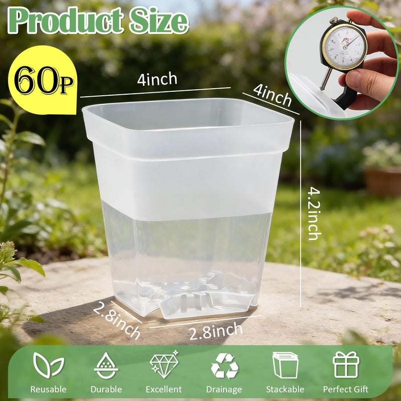 RooTrimmer 60 Pcs Clear Square Nursery Pots 4 Inch, Reusable Seedling Pots with Drainage Holes, Transparent Small Plant Potting Pot Containers for Seedlings Microgreens, Flowers, Indoor Gardening - Image 3