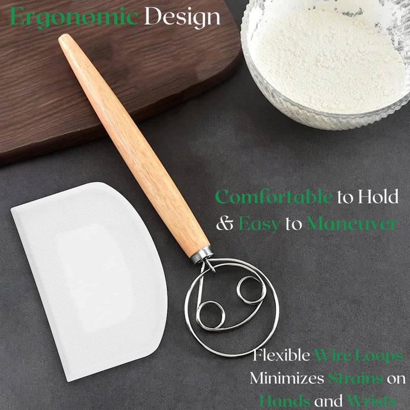 KitchenThinker 13 Inch Danish Dough Whisk with Dough Scraper, Dutch Bread Whisk with Stainless Steel Dough Hook, Sourdough Whisk for Baking, Bread Whisking Tool - Image 2