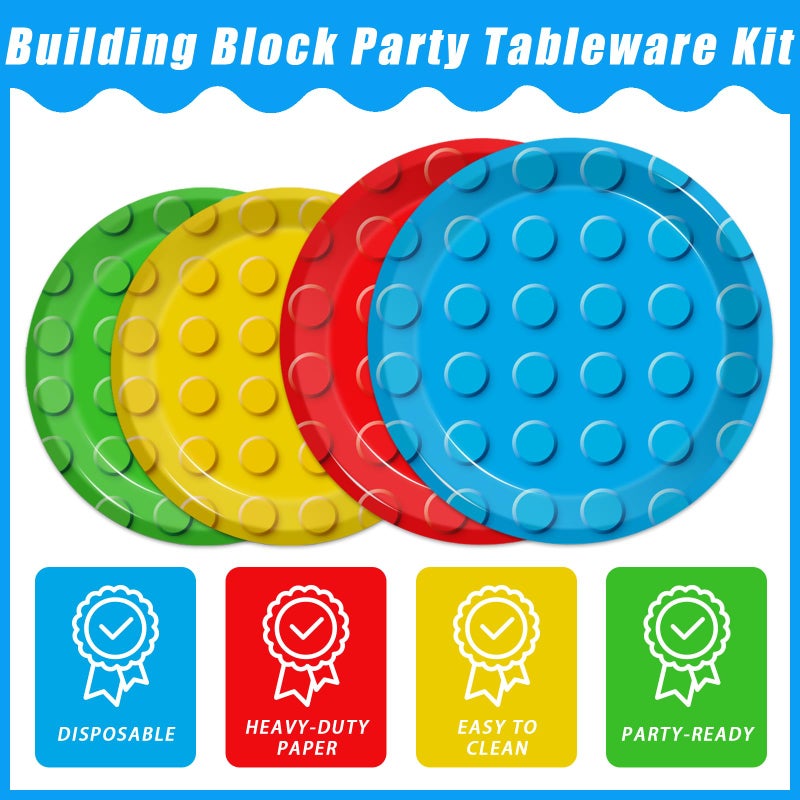 Kepeel 96 Pcs Building Block Party Supplies, Building Bricks Plates and Napkins Set Building Block Themed Dinnerware for Birthday Party Decorations, Serves 24 - Image 3