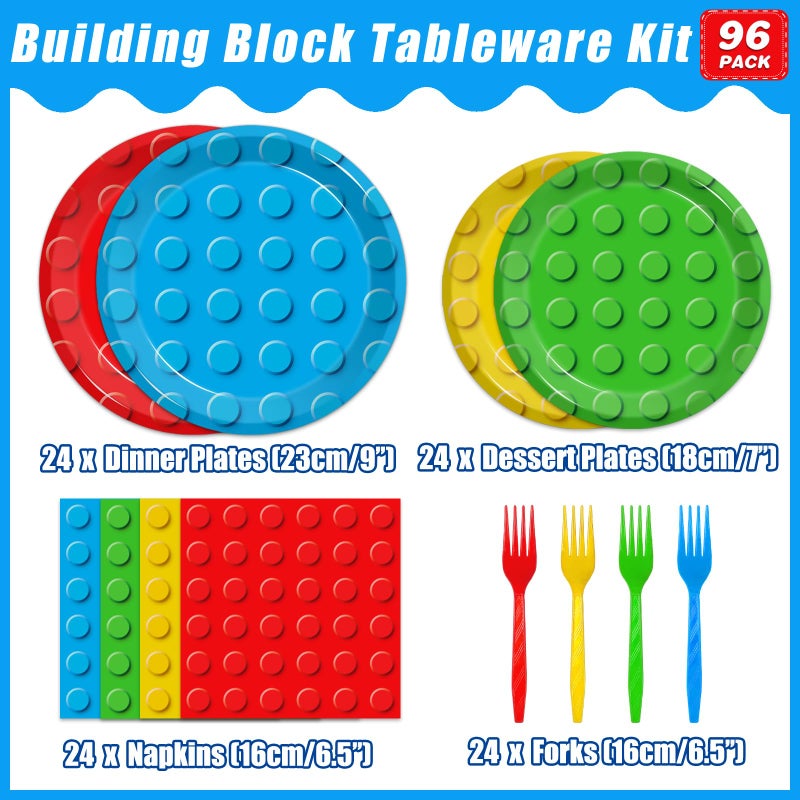 Kepeel 96 Pcs Building Block Party Supplies, Building Bricks Plates and Napkins Set Building Block Themed Dinnerware for Birthday Party Decorations, Serves 24 - Image 2