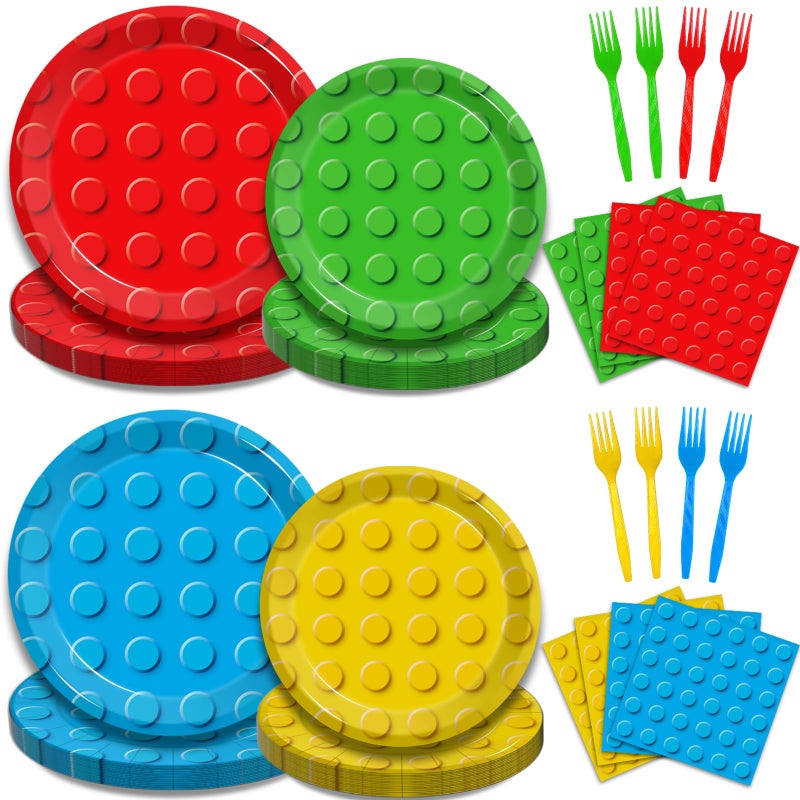 Kepeel 96 Pcs Building Block Party Supplies, Building Bricks Plates and Napkins Set Building Block Themed Dinnerware for Birthday Party Decorations, Serves 24 - Image 1