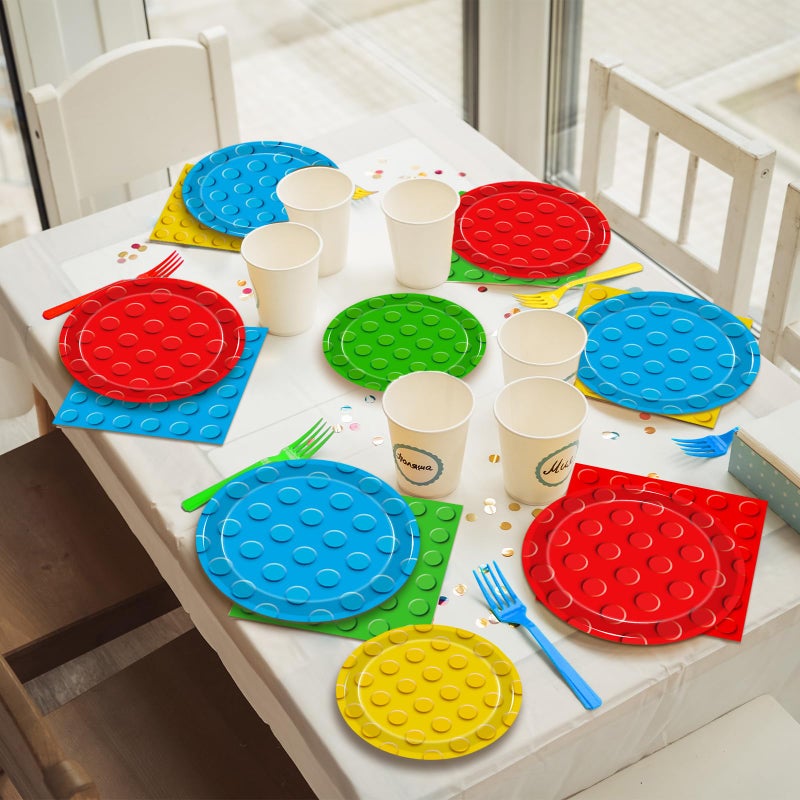 Kepeel 96 Pcs Building Block Party Supplies, Building Bricks Plates and Napkins Set Building Block Themed Dinnerware for Birthday Party Decorations, Serves 24 - Image 5
