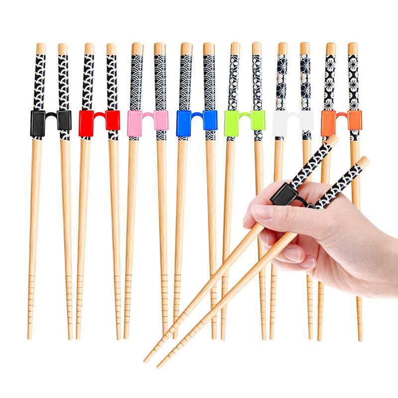 EAEDMY 7 Pairs Training Kid Adult Chopsticks and Trainers for Beginners, Japanese Wooden Beginners Training Chopsticks Helpers Set, Reusable, Dishwasher Safe, L8.86Inch (1.Japanese pattern A) - Image 1