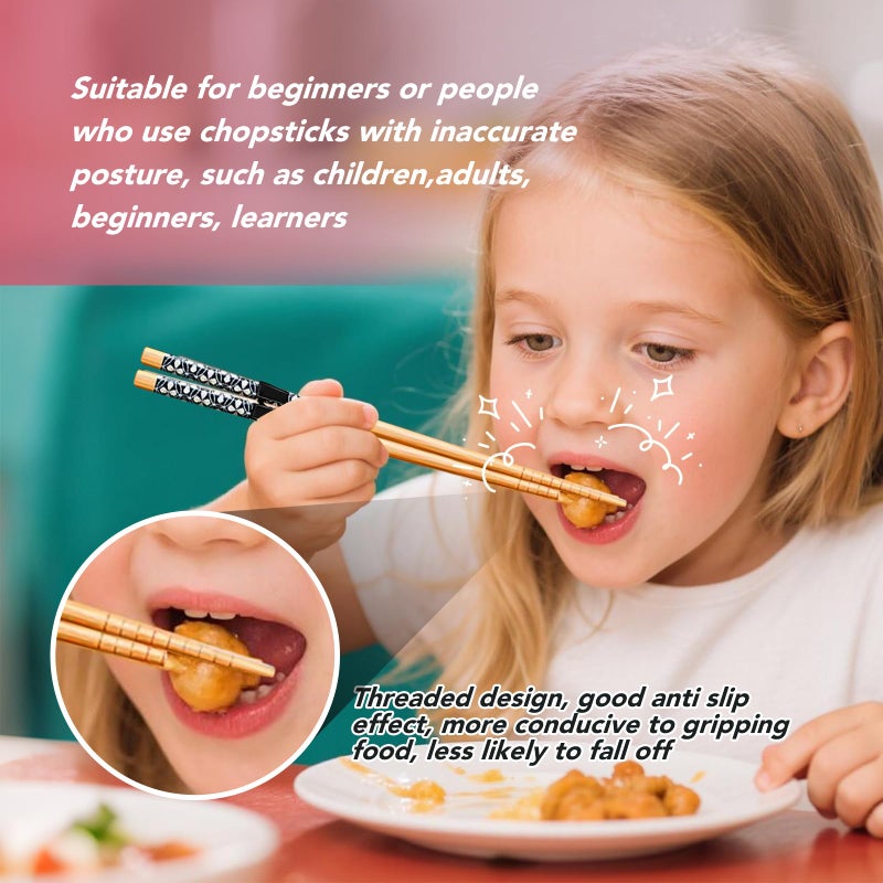 EAEDMY 7 Pairs Training Kid Adult Chopsticks and Trainers for Beginners, Japanese Wooden Beginners Training Chopsticks Helpers Set, Reusable, Dishwasher Safe, L8.86Inch (1.Japanese pattern A) - Image 3