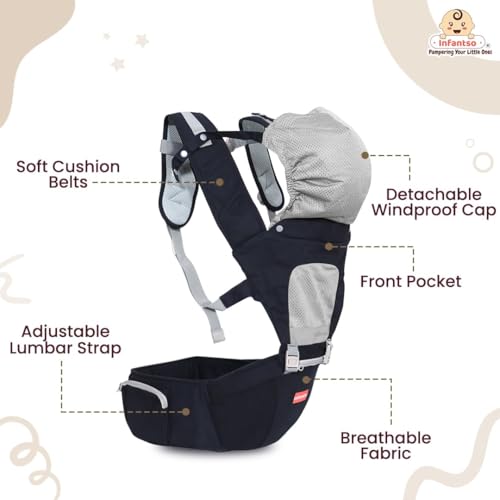 Infantso Premium Hip Seat Baby Carrier with 6 Adjustable Carry Positions, Carrier for 0 to 3 years Baby with Hip Seat, Kangaroo Style Bag, Baby carrying Bag for Newborn to Toddler, Weight upto 15kgs (Blue&Grey) - Image 4