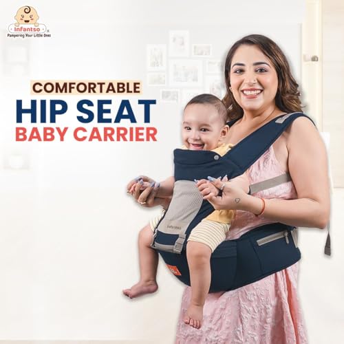 Infantso Premium Hip Seat Baby Carrier with 6 Adjustable Carry Positions, Carrier for 0 to 3 years Baby with Hip Seat, Kangaroo Style Bag, Baby carrying Bag for Newborn to Toddler, Weight upto 15kgs (Blue&Grey) - Image 3