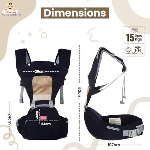 Infantso Premium Hip Seat Baby Carrier with 6 Adjustable Carry Positions, Carrier for 0 to 3 years Baby with Hip Seat, Kangaroo Style Bag, Baby carrying Bag for Newborn to Toddler, Weight upto 15kgs (Blue&Grey) - Image 5