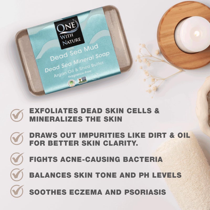 One With Nature Dead Sea Mineral Mud Soap Bar, 7 oz, Fragrance Free, Shea Butter, Argan Oil, Magnesium, Sulfur, 21 Minerals, Soothes Skin, Exfoliates - Image 2