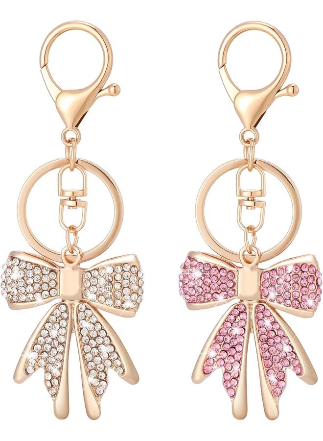 الأزرق جي دبليو 2 قطعة من الذهب الوردي القوس سلسلة المفاتيح للنساء حجر الراين القوس مفتاح سلسلة سباركلي كوكيت القوس حقيبة سحر لطيف القوس محفظة سحر اكسسوارات للسحر الرئيسية محفظة حقيبة يد حقيبة ظهر، هدايا عيد الميلاد القوس للنساء - Image 1