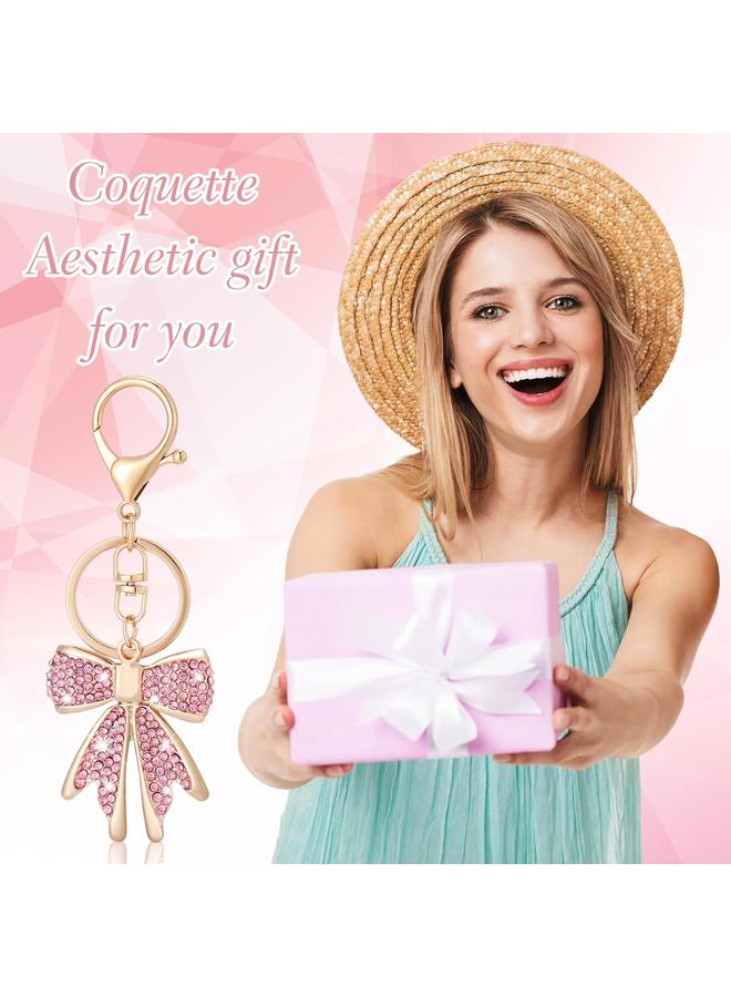 الأزرق جي دبليو 2 قطعة من الذهب الوردي القوس سلسلة المفاتيح للنساء حجر الراين القوس مفتاح سلسلة سباركلي كوكيت القوس حقيبة سحر لطيف القوس محفظة سحر اكسسوارات للسحر الرئيسية محفظة حقيبة يد حقيبة ظهر، هدايا عيد الميلاد القوس للنساء - Image 4