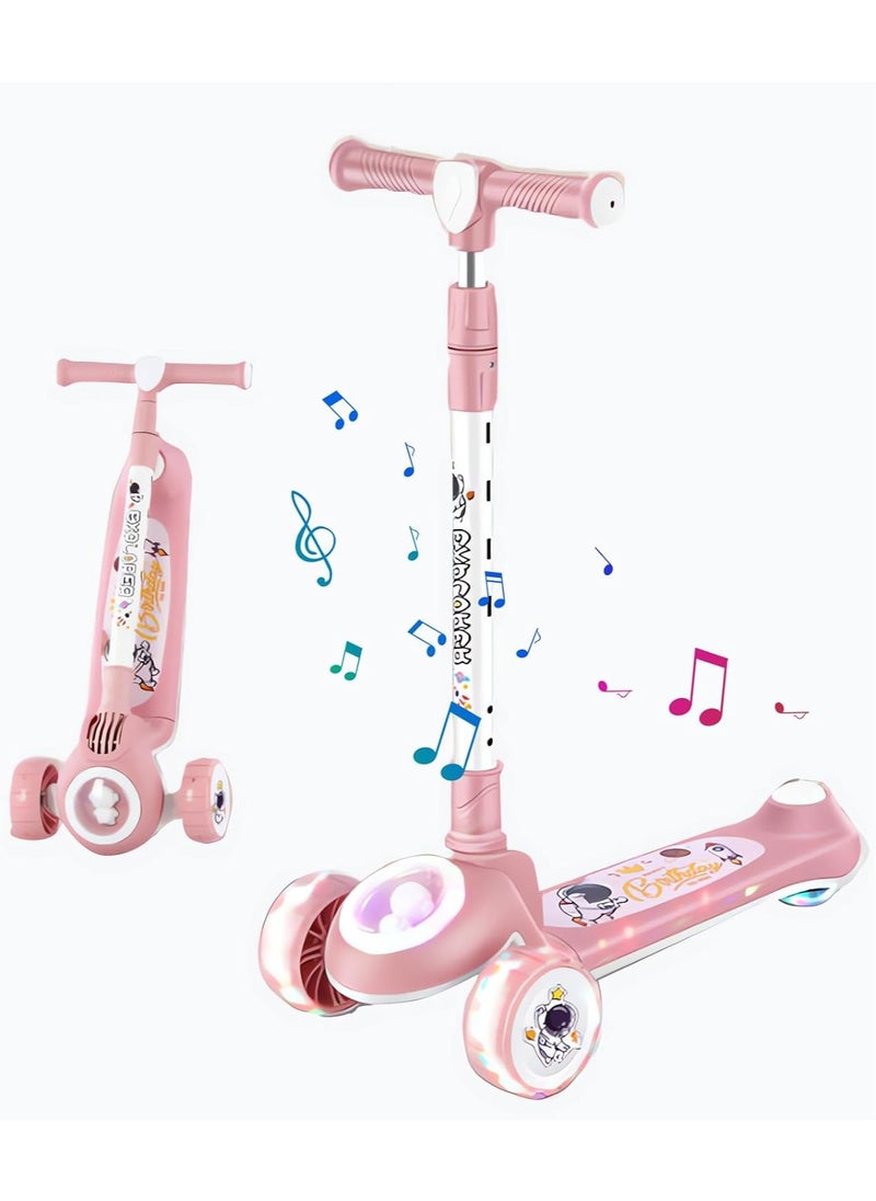 Jorunb - Skate Scooter for Kids 3 Wheel Kids Scooter with 4 Height Adjustable Handle Baby Scooter with LED PU Wheels Smart Kick Foldable Scooter for Baby Scooter for Kids 3 to 8 Years Boy Girl Pink - Image 1