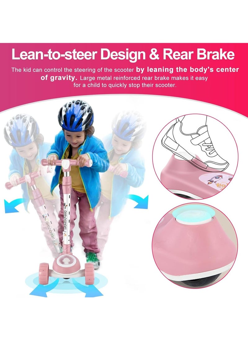 Jorunb - Skate Scooter for Kids 3 Wheel Kids Scooter with 4 Height Adjustable Handle Baby Scooter with LED PU Wheels Smart Kick Foldable Scooter for Baby Scooter for Kids 3 to 8 Years Boy Girl Pink - Image 1