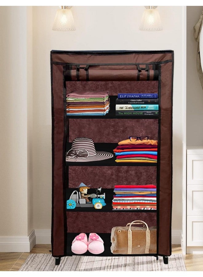 PHILOSHOP 4 Tier Collapsible Wardrobe Clothes Organizer Adjustable Racks Space Saving Foldable Stand Multipurpose Storage Shelves Lightweight Cabinet for Men, Women, Kids with Cover (Brown) - Image 4