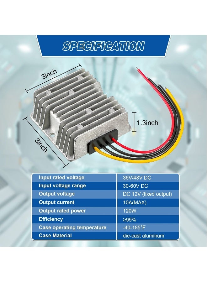 محول الجهد لسيارة الغولف (قطعتان) ، 10A 120w DC إلى DC محول خافض للجهد ، محول جهد 48V 36V إلى 12V ، محول خافض للجهد مقاوم للماء ، لسيارات الغولف ومكبرات الصوت وإضاءة شريط LED  - Image 3