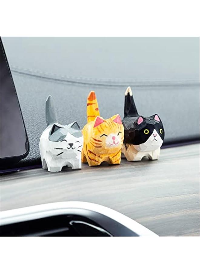 Mini Wooden Cat Cute Car Accessories, 2 Kitty Funny Dashboard Decorations Car Ornament Interior Decors Gifts for Women (3 pcs cat) - Image 1
