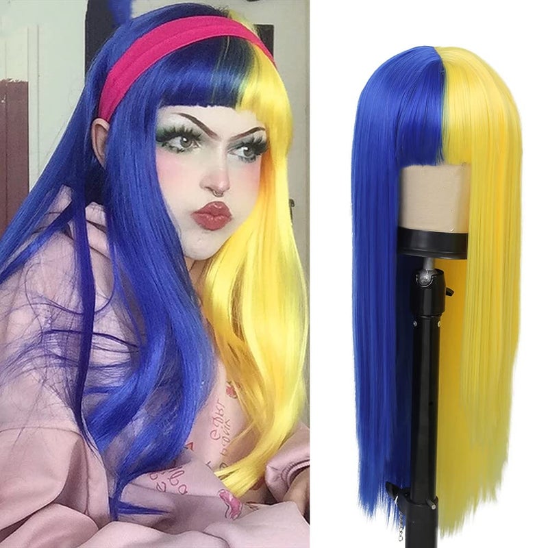 Tseses Half Blue Half Yellow Long Straight Synthetic Wigs with Bangs for Women Middle Part Blue Wigs Cosplay Party Halloween Hair Wig - Image 3