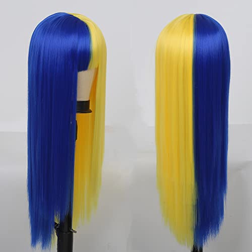 Tseses Half Blue Half Yellow Long Straight Synthetic Wigs with Bangs for Women Middle Part Blue Wigs Cosplay Party Halloween Hair Wig - Image 5