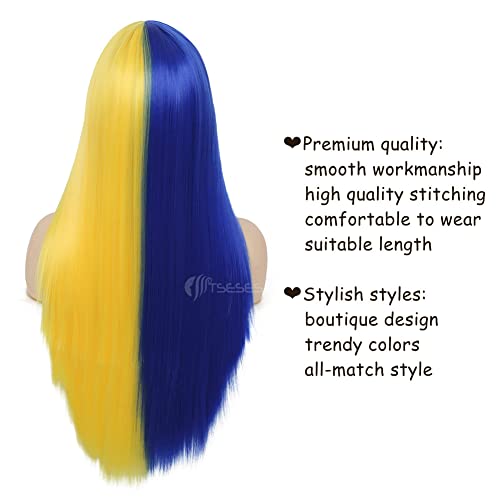 Tseses Half Blue Half Yellow Long Straight Synthetic Wigs with Bangs for Women Middle Part Blue Wigs Cosplay Party Halloween Hair Wig - Image 4