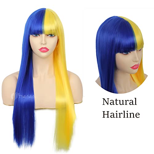 Tseses Half Blue Half Yellow Long Straight Synthetic Wigs with Bangs for Women Middle Part Blue Wigs Cosplay Party Halloween Hair Wig - Image 2