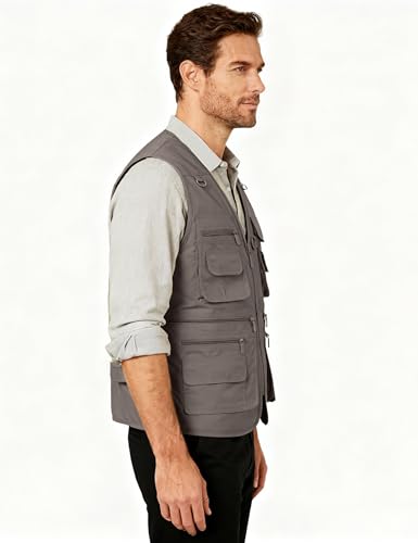 Flygo Men's Fishing Vest Utility Lightweight Outdoor Travel Safari Photo Cargo Vest with 16 Pockets Style 01 Grey L - Image 3