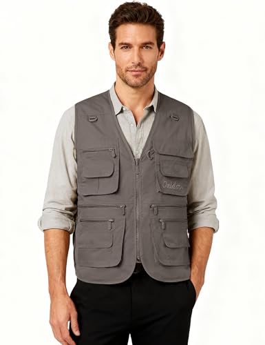 Flygo Men's Fishing Vest Utility Lightweight Outdoor Travel Safari Photo Cargo Vest with 16 Pockets Style 01 Grey L - Image 2