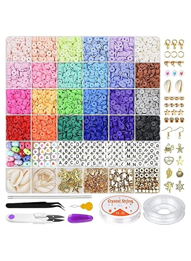 6000 Pcs Clay Beads for Bracelet Making Kits, 24 Colors Flat Round Polymer Clay Beads 6mm Spacer Heishi Beads with Pendant Charms Kit and Elastic Strings for Jewelry Making Kit Bracelets Necklace - Image 1