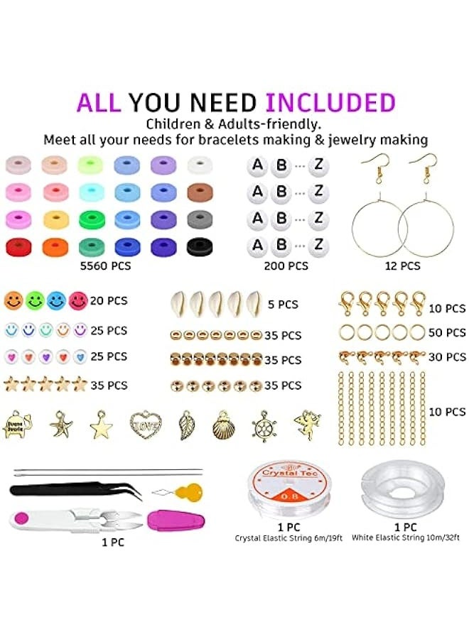 6000 Pcs Clay Beads for Bracelet Making Kits, 24 Colors Flat Round Polymer Clay Beads 6mm Spacer Heishi Beads with Pendant Charms Kit and Elastic Strings for Jewelry Making Kit Bracelets Necklace - Image 3