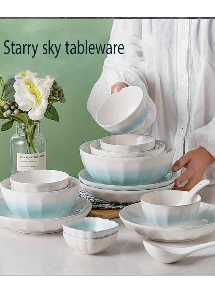 موندا طقم أدوات مائدة من البورسلين عالي الجودة، مكون من 22 قطعة، يتضمن 6 أوعية أرز، ووعائين نودلز، ووعاء حساء، و4 أطباق مستديرة، وصحنين، وملعقة حساء كبيرة، و6 ملاعق حساء صغيرة - Image 4