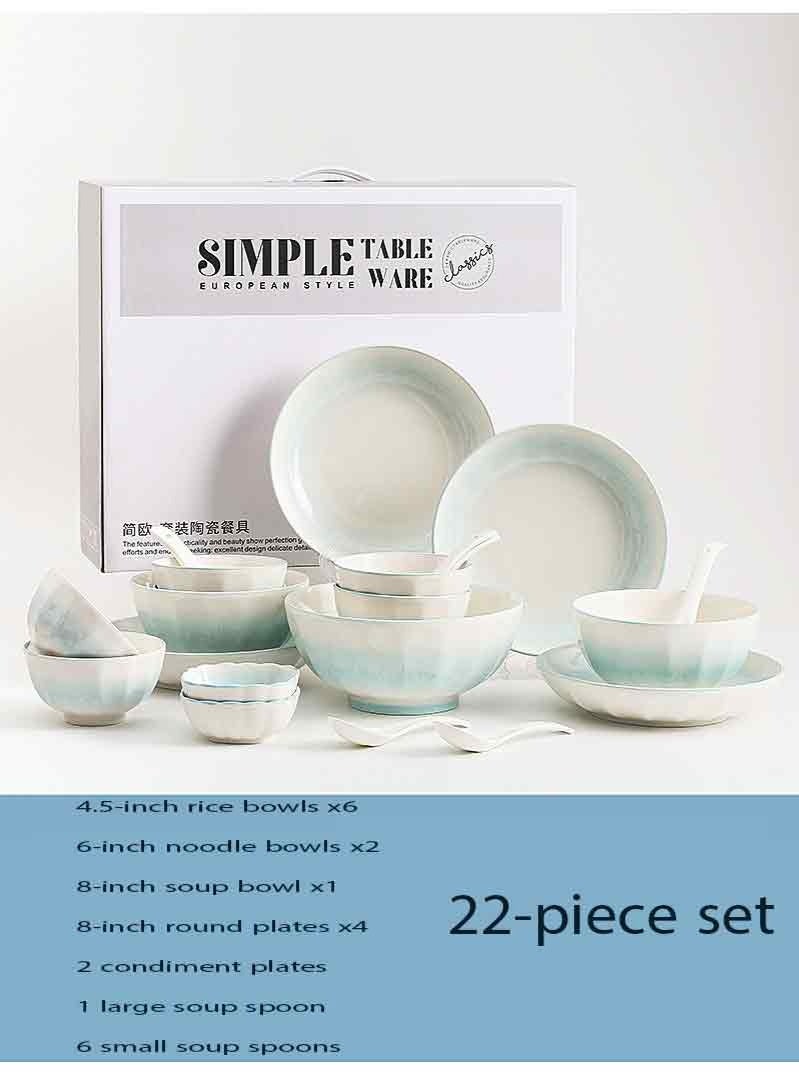 موندا طقم أدوات مائدة من البورسلين عالي الجودة، مكون من 22 قطعة، يتضمن 6 أوعية أرز، ووعائين نودلز، ووعاء حساء، و4 أطباق مستديرة، وصحنين، وملعقة حساء كبيرة، و6 ملاعق حساء صغيرة - Image 1