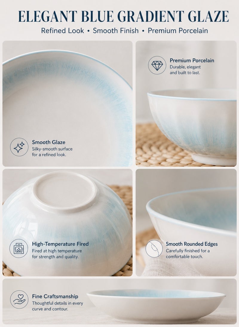 Monda 22-Piece Porcelain Dinnerware Set, Blue Gradient Plates and Bowls Set with Rice Bowls, Noodle Bowls, Soup Bowl, Plates, Dipping Dishes and Spoons, Microwave & Oven Safe for Family Dining - Image 3