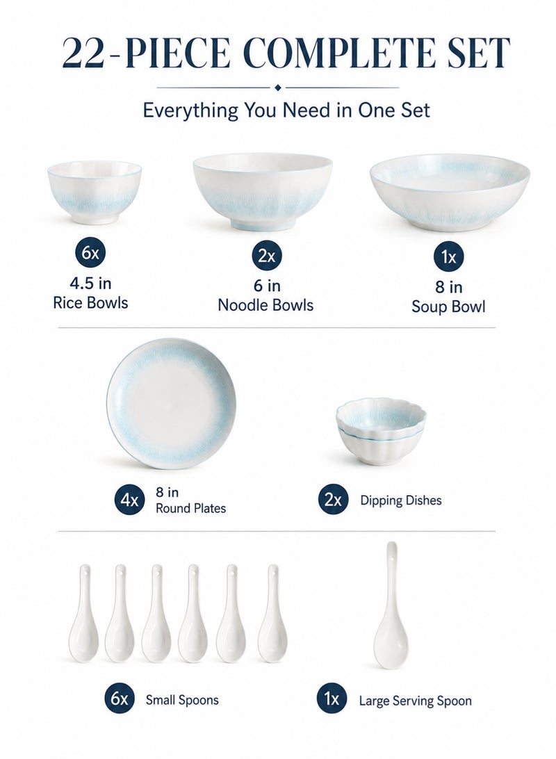 Monda 22-Piece Porcelain Dinnerware Set, Blue Gradient Plates and Bowls Set with Rice Bowls, Noodle Bowls, Soup Bowl, Plates, Dipping Dishes and Spoons, Microwave & Oven Safe for Family Dining - Image 2