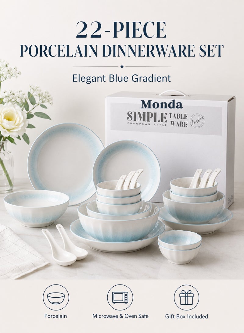 Monda 22-Piece Porcelain Dinnerware Set, Blue Gradient Plates and Bowls Set with Rice Bowls, Noodle Bowls, Soup Bowl, Plates, Dipping Dishes and Spoons, Microwave & Oven Safe for Family Dining - Image 1