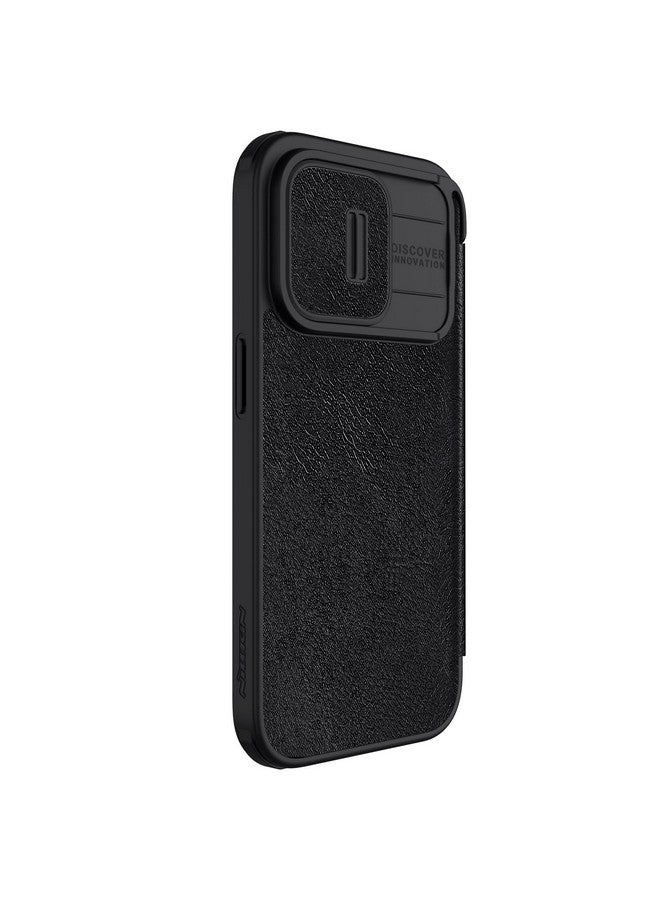 Nillkin Nillkin Case for Apple iPhone 15 Pro Max (6.7" Inch) Qin Pro Camshield Camera Slider Genuine Classic Leather Flip Folio + Card Slot Black Color  - Image 3