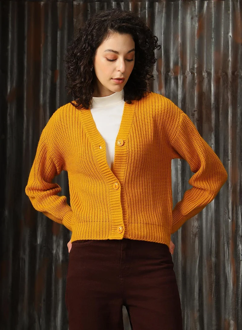 HIGH STAR Women's Golden Yellow 100% Acrylic Solid Regular Fit Sweater