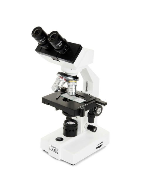 – Celestron Labs – Binocular Head Compound Microscope – 40-2000x Magnification – Adjustable Mechanical Stage – Includes 2 Eyepieces and 10 Prepared Slides