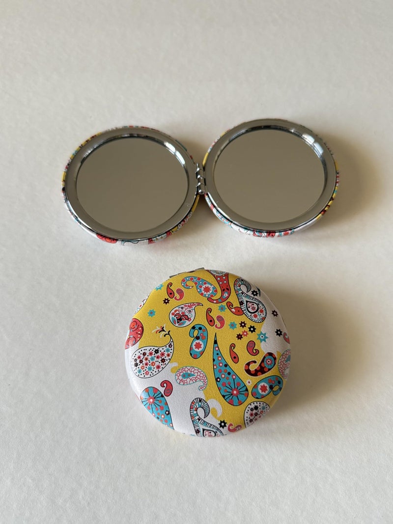 Decorative Compact Mirror, Double-Sided, Paisley Pattern, 7.5 cm, 1X/2X Magnification, Travel Size (Yellow) - Image 4