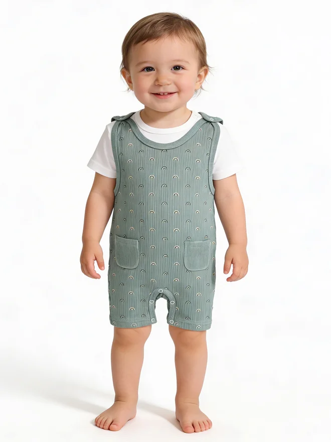 بابيز_بيسك Babies Basic Premium Ribbed Cotton Dungaree with Short Sleeves T-Shirt