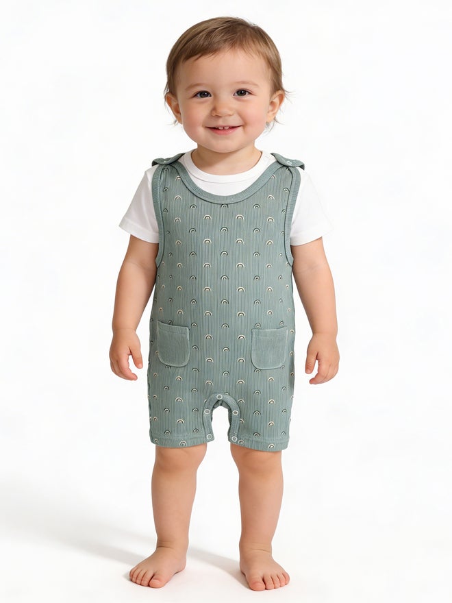 Babies Basic Premium Ribbed Cotton Dungaree with Short Sleeves T-Shirt - Image 1