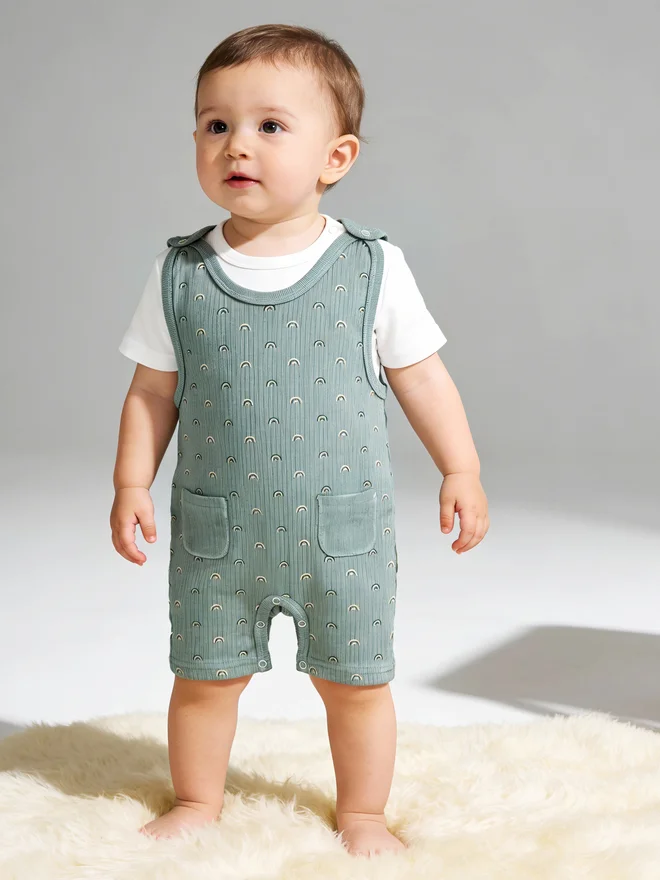 بابيز_بيسك Babies Basic Premium Ribbed Cotton Dungaree with Short Sleeves T-Shirt