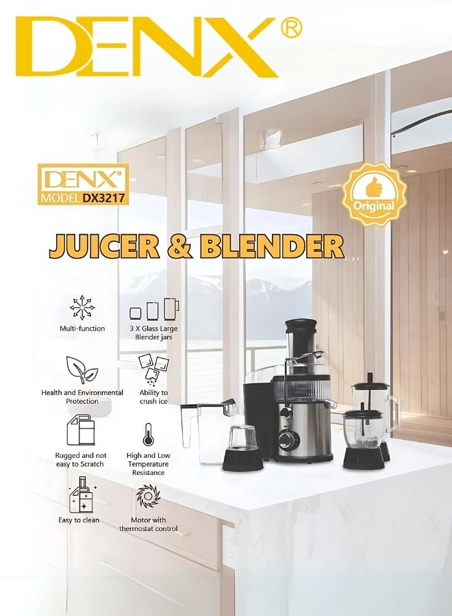 عصارة وخلاط DENX DX3217 متعدد الوظائف 4 في 1، مزود بـ 3 أوعية زجاجية، ومحرك قوي 4000 واط، مع قدرة على سحق الثلج وتحكم حراري – الخيار الأمثل للخلط الصحي والسريع