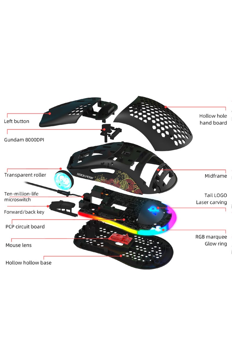 Rock Pow ROCK POW Honeycomb Gaming Mouse Ultralight High-Precision 8000 DPI Optical Sensor 6 Programmable Buttons RGB,Ergonomic Wired RGB Gaming Mice for Mac, Laptop, Computer - Image 2