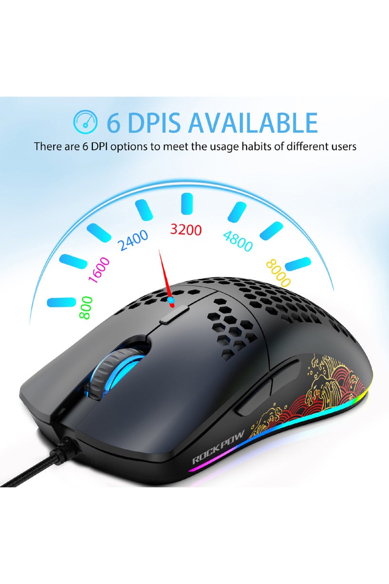 Rock Pow ROCK POW Honeycomb Gaming Mouse Ultralight High-Precision 8000 DPI Optical Sensor 6 Programmable Buttons RGB,Ergonomic Wired RGB Gaming Mice for Mac, Laptop, Computer - Image 3
