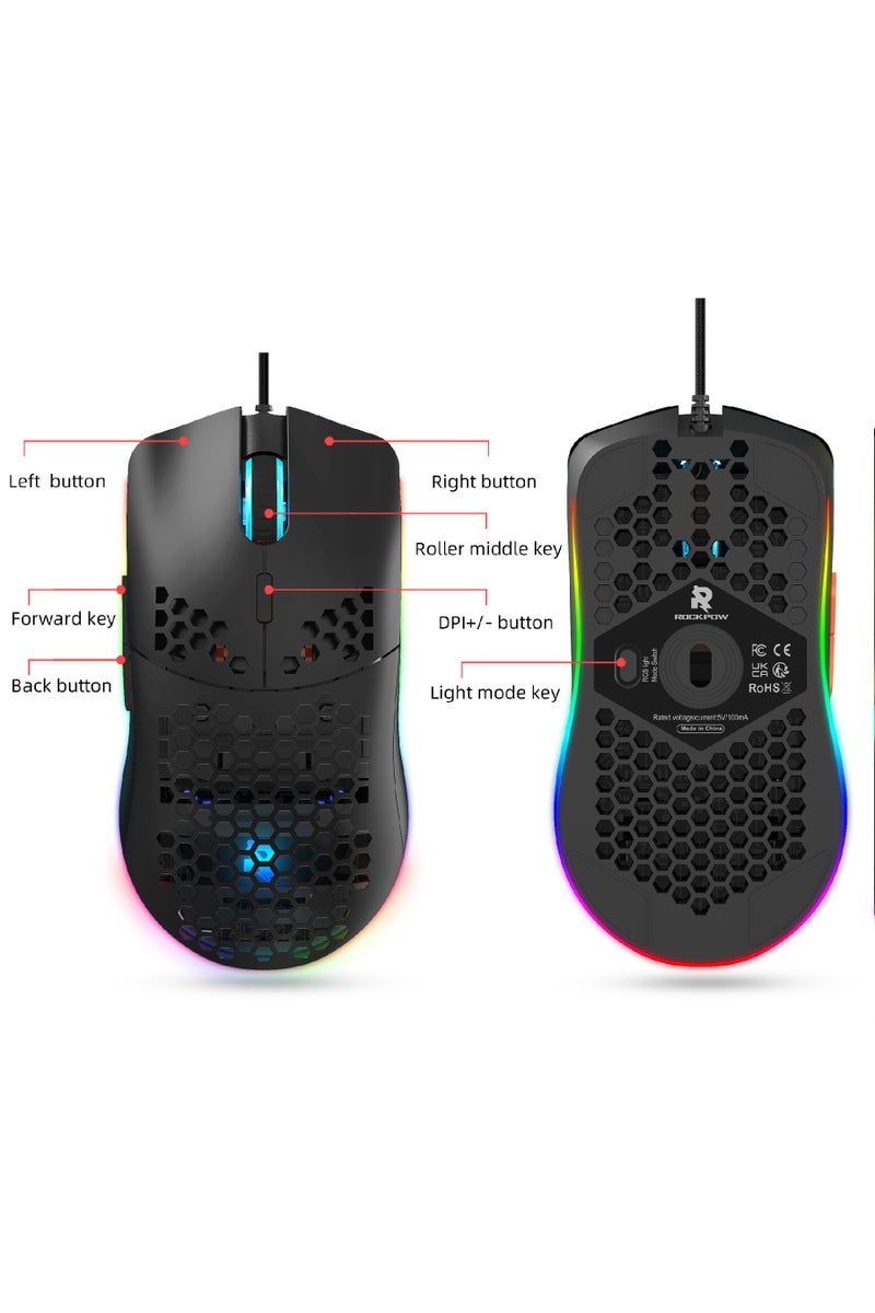Rock Pow ROCK POW Honeycomb Gaming Mouse Ultralight High-Precision 8000 DPI Optical Sensor 6 Programmable Buttons RGB,Ergonomic Wired RGB Gaming Mice for Mac, Laptop, Computer - Image 4